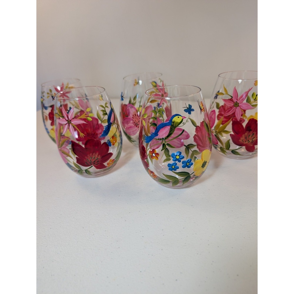 Pier 1 Happy Blooms Hand Painted Stemless Wine Glasses Birds FlowersSet of 5